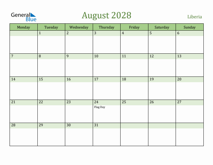 August 2028 Calendar with Liberia Holidays