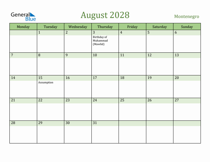 August 2028 Calendar with Montenegro Holidays