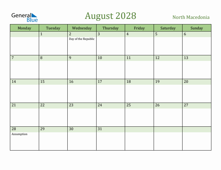 August 2028 Calendar with North Macedonia Holidays