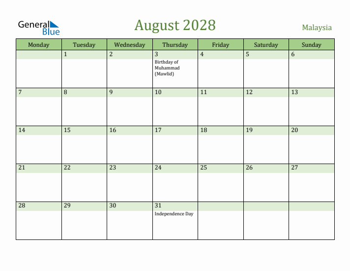 August 2028 Calendar with Malaysia Holidays