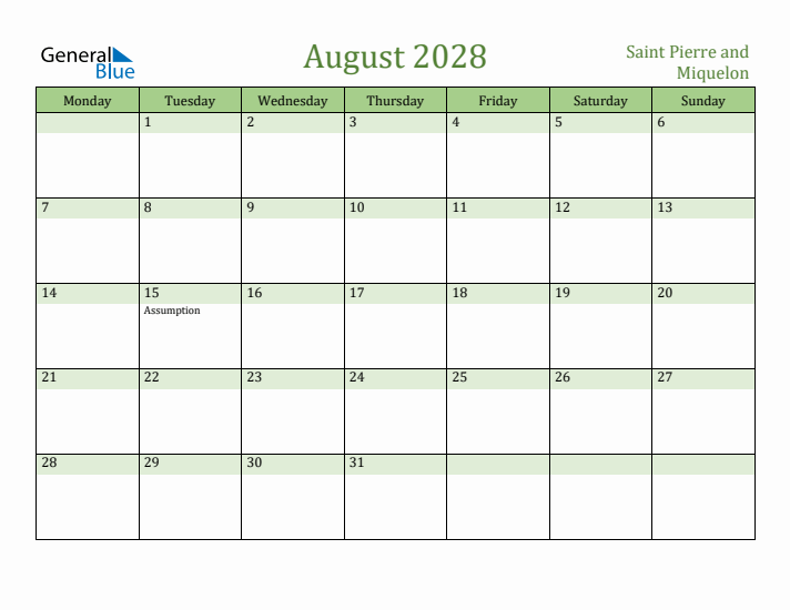 August 2028 Calendar with Saint Pierre and Miquelon Holidays