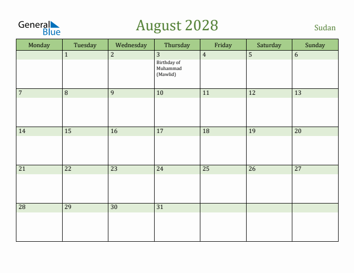August 2028 Calendar with Sudan Holidays
