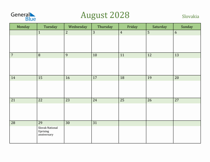 August 2028 Calendar with Slovakia Holidays