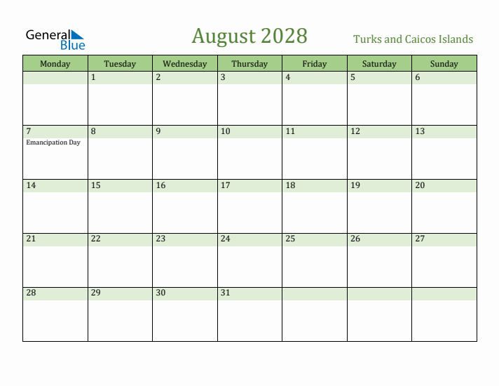 August 2028 Calendar with Turks and Caicos Islands Holidays