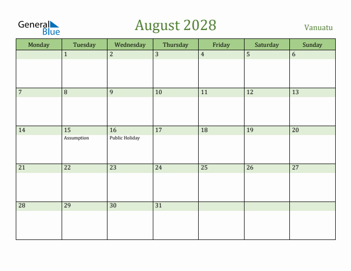 August 2028 Calendar with Vanuatu Holidays