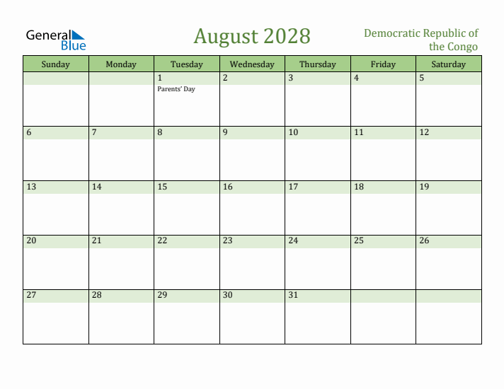 August 2028 Calendar with Democratic Republic of the Congo Holidays