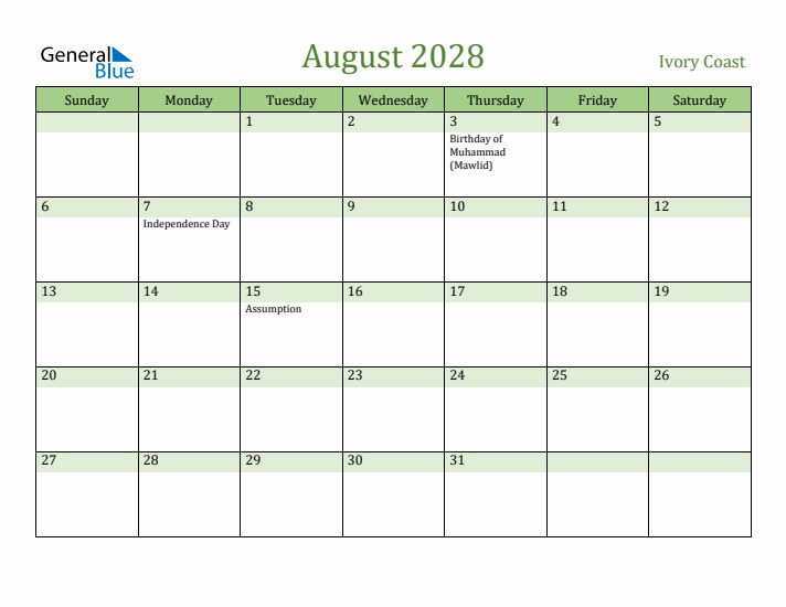 August 2028 Calendar with Ivory Coast Holidays