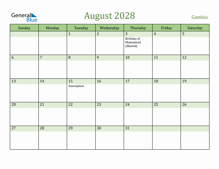 August 2028 Calendar with Gambia Holidays