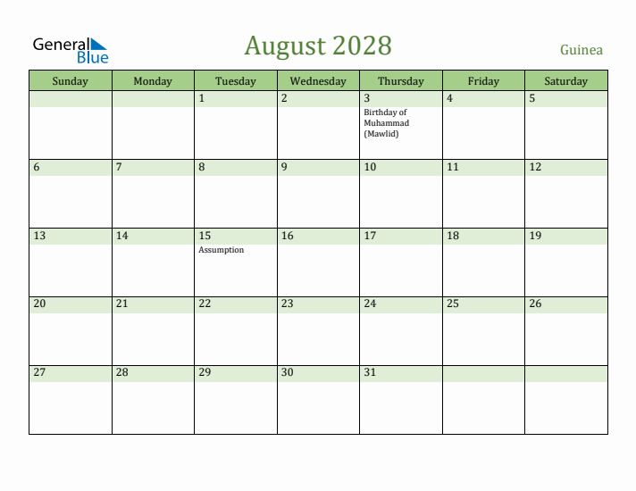 August 2028 Calendar with Guinea Holidays