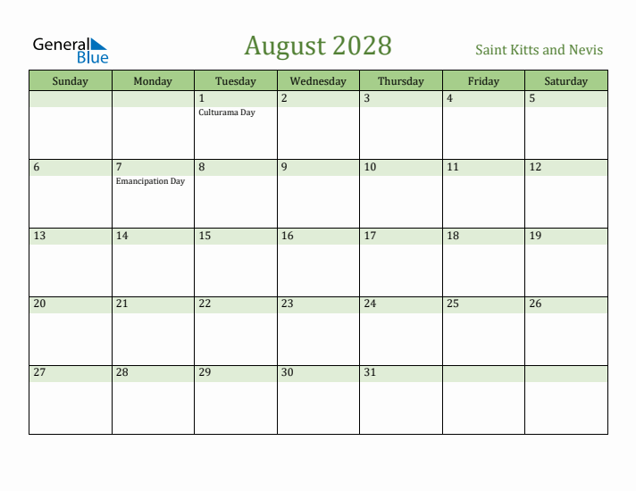 August 2028 Calendar with Saint Kitts and Nevis Holidays