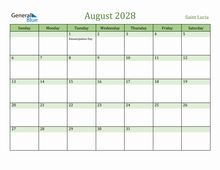 August 2028 Calendar with Saint Lucia Holidays
