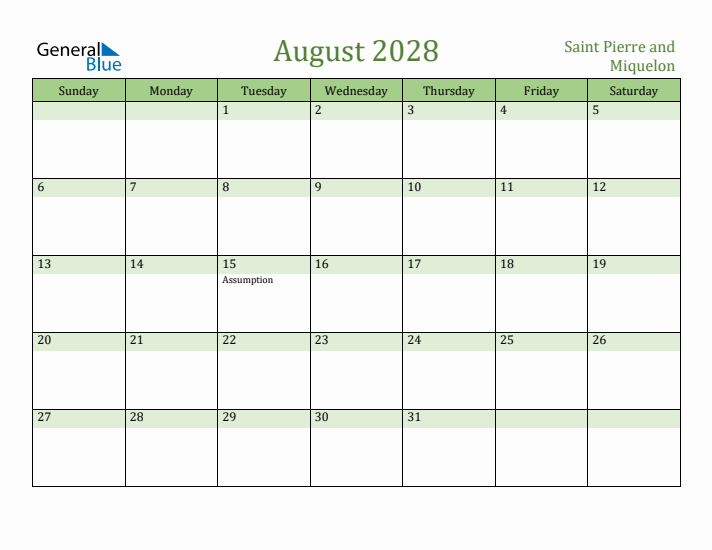 August 2028 Calendar with Saint Pierre and Miquelon Holidays