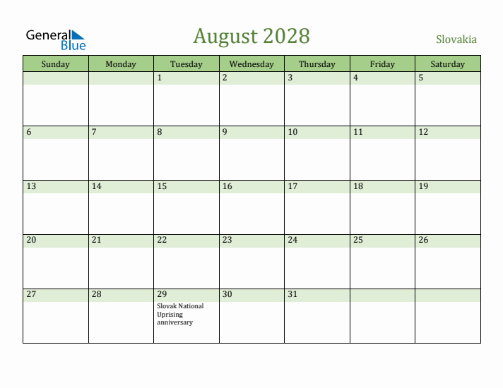 August 2028 Calendar with Slovakia Holidays