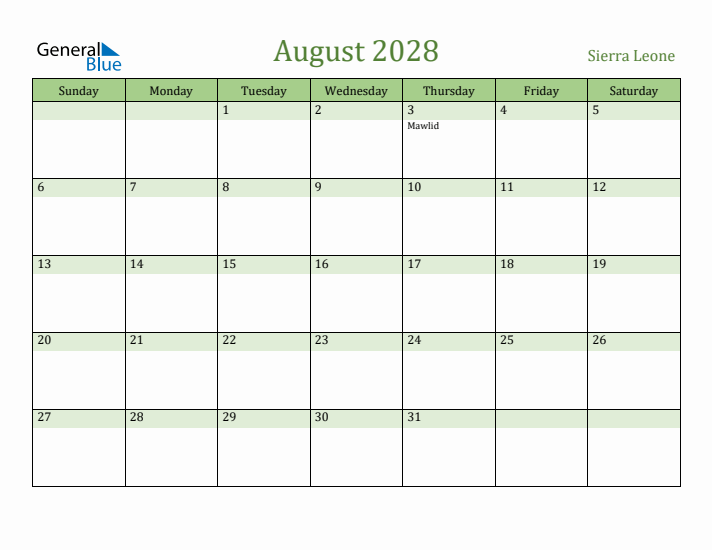 August 2028 Calendar with Sierra Leone Holidays