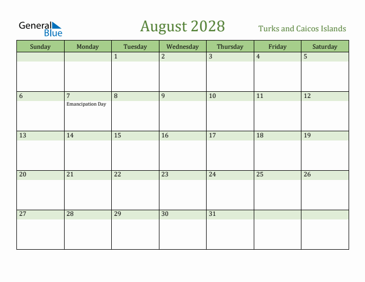August 2028 Calendar with Turks and Caicos Islands Holidays