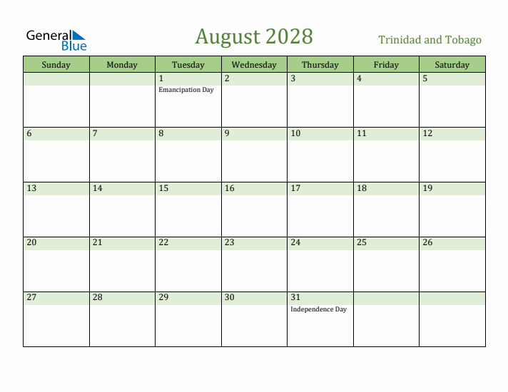 August 2028 Calendar with Trinidad and Tobago Holidays