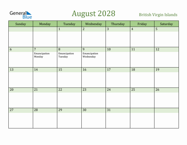 August 2028 Calendar with British Virgin Islands Holidays
