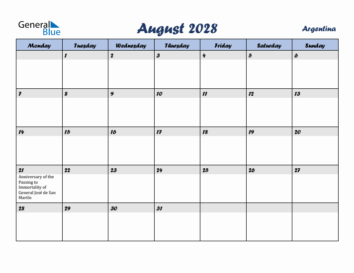 August 2028 Calendar with Holidays in Argentina