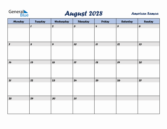 August 2028 Calendar with Holidays in American Samoa