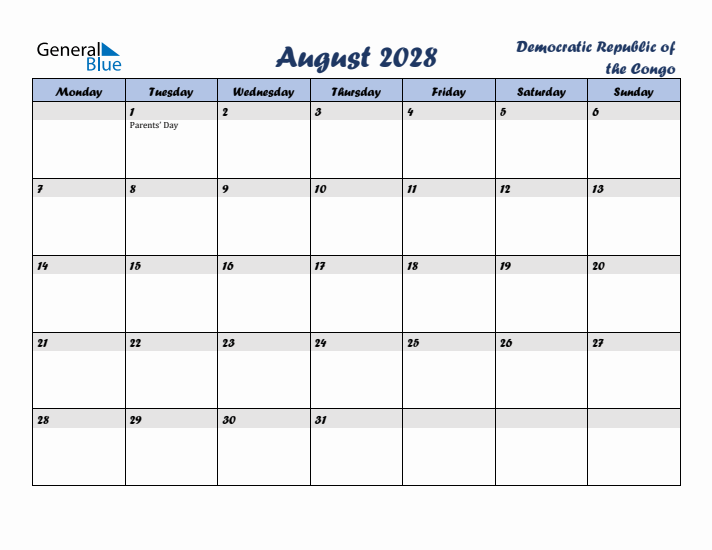 August 2028 Calendar with Holidays in Democratic Republic of the Congo