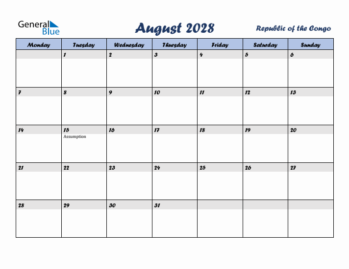August 2028 Calendar with Holidays in Republic of the Congo