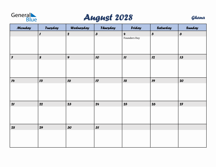 August 2028 Calendar with Holidays in Ghana