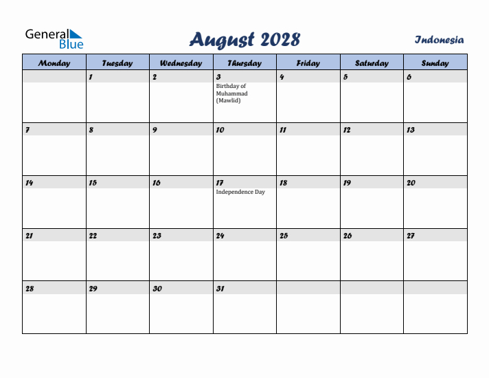 August 2028 Calendar with Holidays in Indonesia