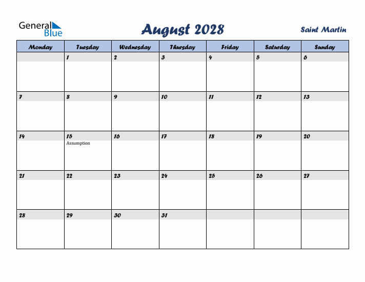 August 2028 Calendar with Holidays in Saint Martin