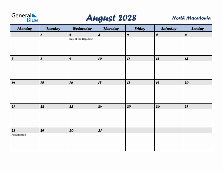 August 2028 Calendar with Holidays in North Macedonia