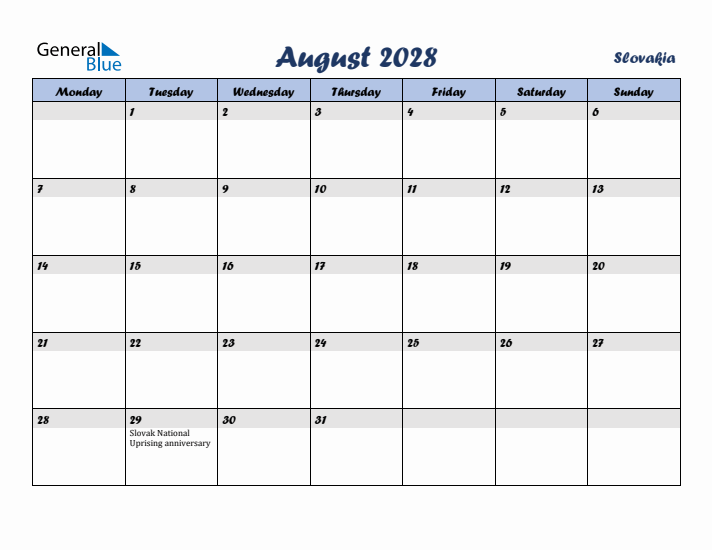 August 2028 Calendar with Holidays in Slovakia