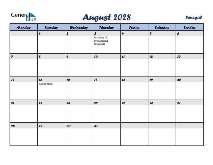 August 2028 Calendar with Holidays in Senegal