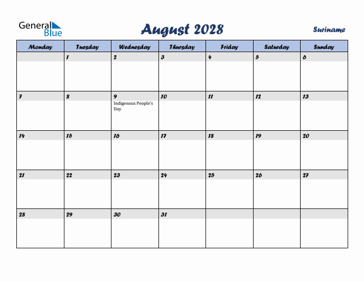 August 2028 Calendar with Holidays in Suriname