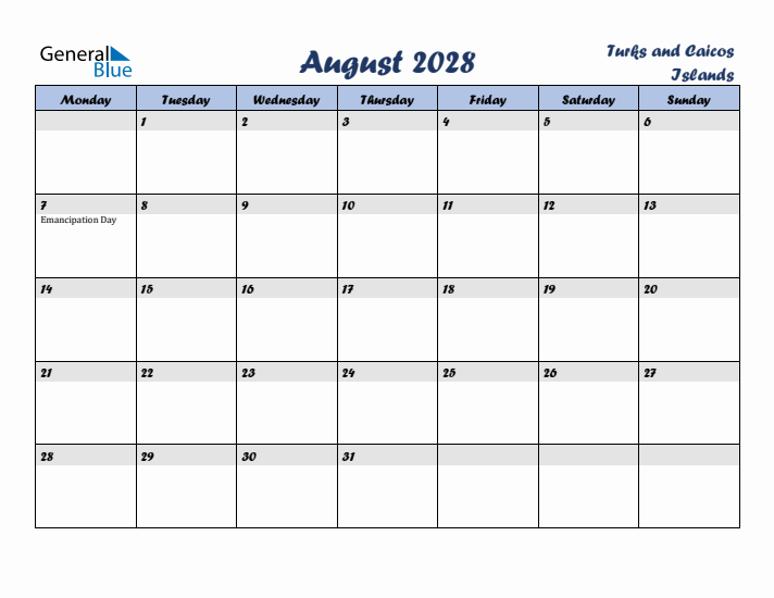 August 2028 Calendar with Holidays in Turks and Caicos Islands