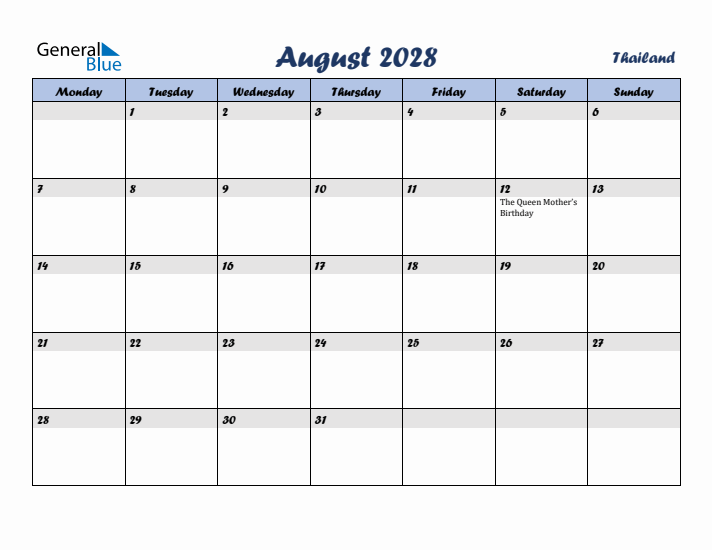 August 2028 Calendar with Holidays in Thailand