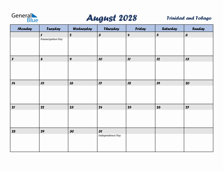 August 2028 Calendar with Holidays in Trinidad and Tobago