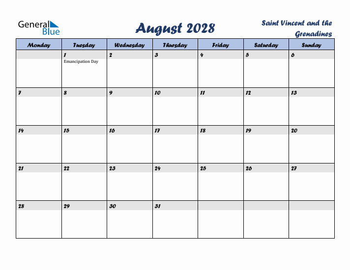 August 2028 Calendar with Holidays in Saint Vincent and the Grenadines
