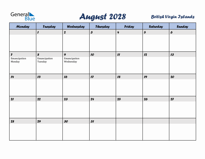 August 2028 Calendar with Holidays in British Virgin Islands
