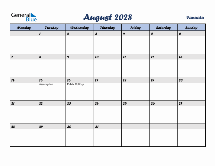 August 2028 Calendar with Holidays in Vanuatu