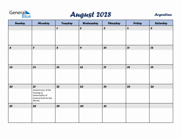 August 2028 Calendar with Holidays in Argentina