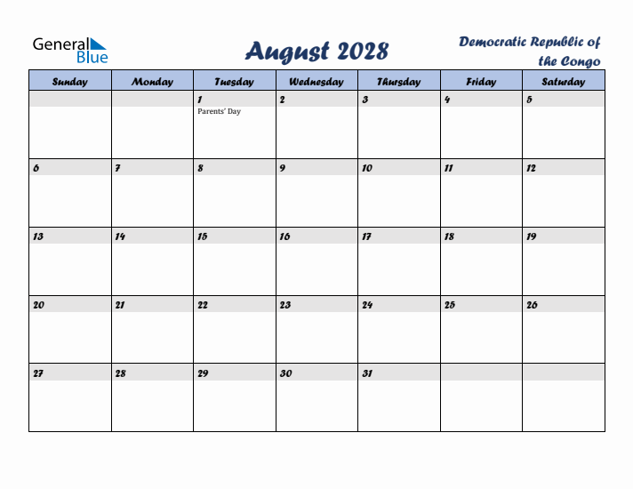 August 2028 Calendar with Holidays in Democratic Republic of the Congo