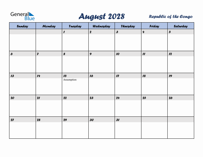August 2028 Calendar with Holidays in Republic of the Congo