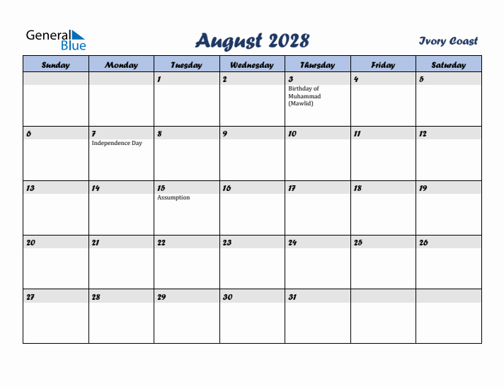 August 2028 Calendar with Holidays in Ivory Coast