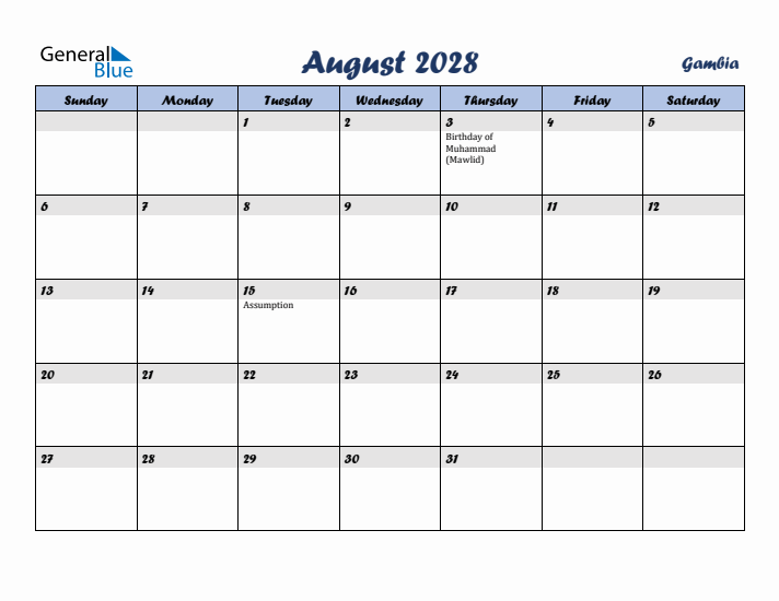 August 2028 Calendar with Holidays in Gambia