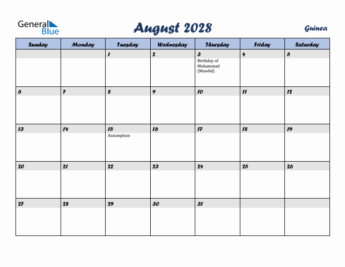 August 2028 Calendar with Holidays in Guinea