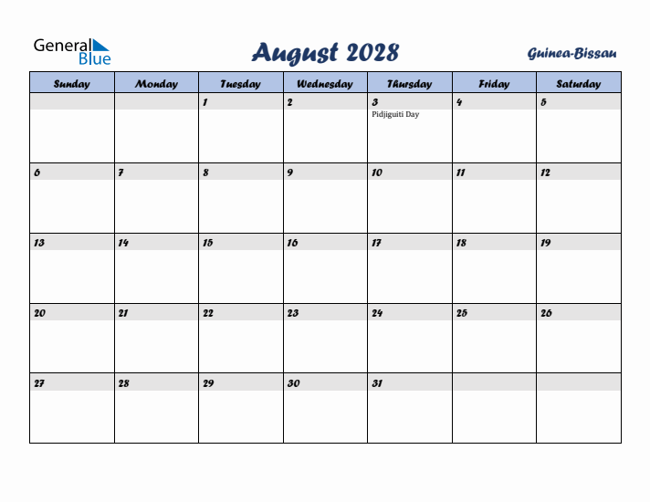 August 2028 Calendar with Holidays in Guinea-Bissau