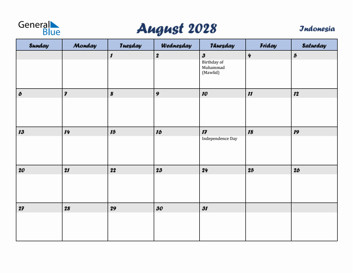 August 2028 Calendar with Holidays in Indonesia