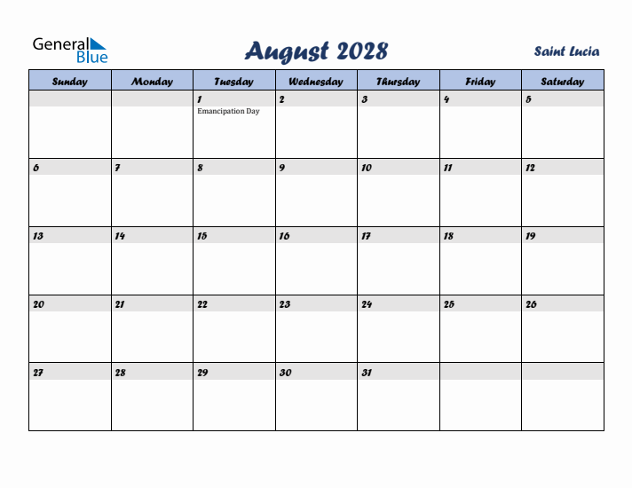 August 2028 Calendar with Holidays in Saint Lucia