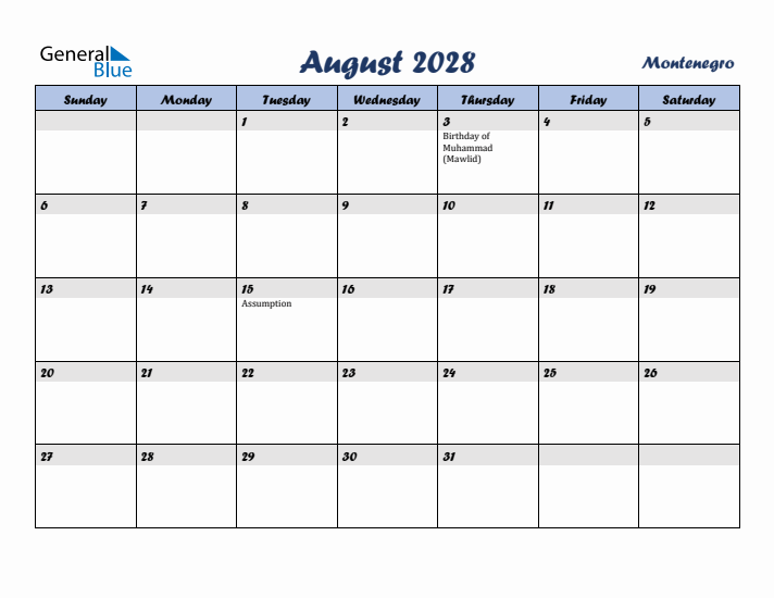 August 2028 Calendar with Holidays in Montenegro