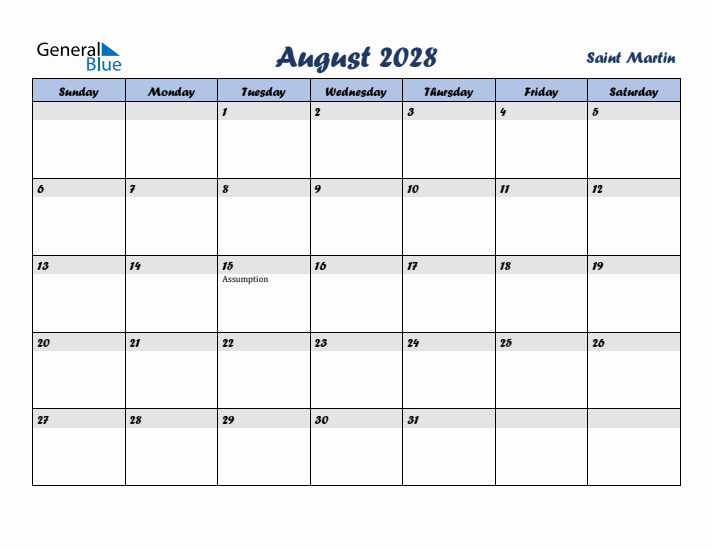 August 2028 Calendar with Holidays in Saint Martin