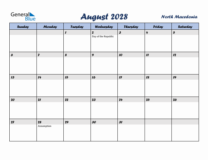 August 2028 Calendar with Holidays in North Macedonia